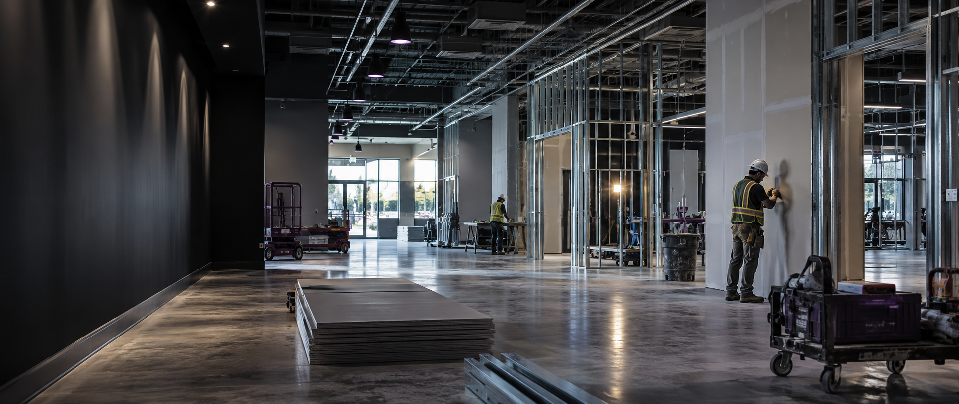 Commercial interior renovation with metal framing and drywall installation in progress